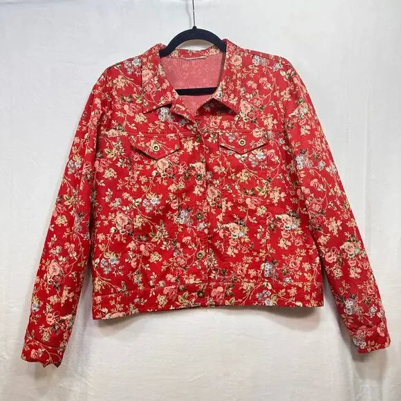 Retro Buttoned Red Floral Long Sleeve Jacket Blazer‎ Medium Printed Boho Cottage - Picture 2 of 12